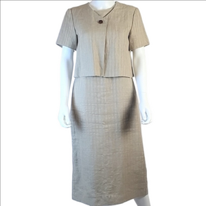 Vintage Talbots 100% Linen Tan 2 Piece Midi Dress & Cropped Jacket Set S…